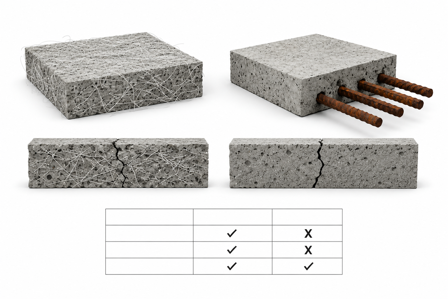 Muestras de concreto con fibras y concreto con barras de acero